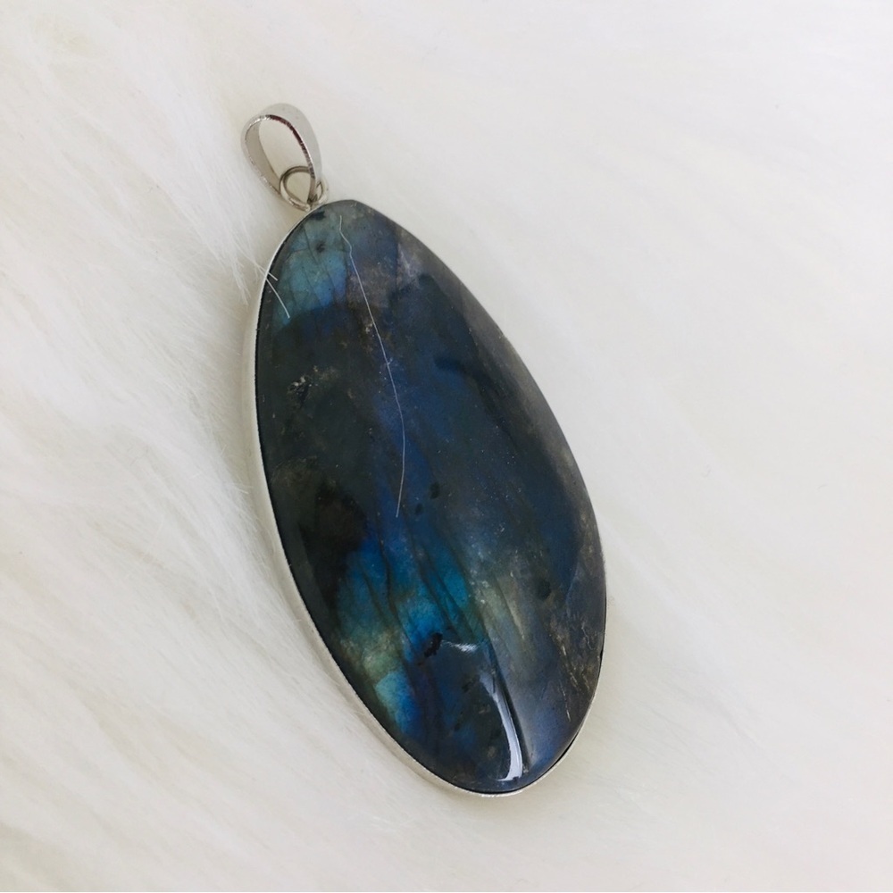 Labradorite Blue Green Flash Large Pendant Oval Natural Stone Silver Metal Wrap - Picture 10 of 14